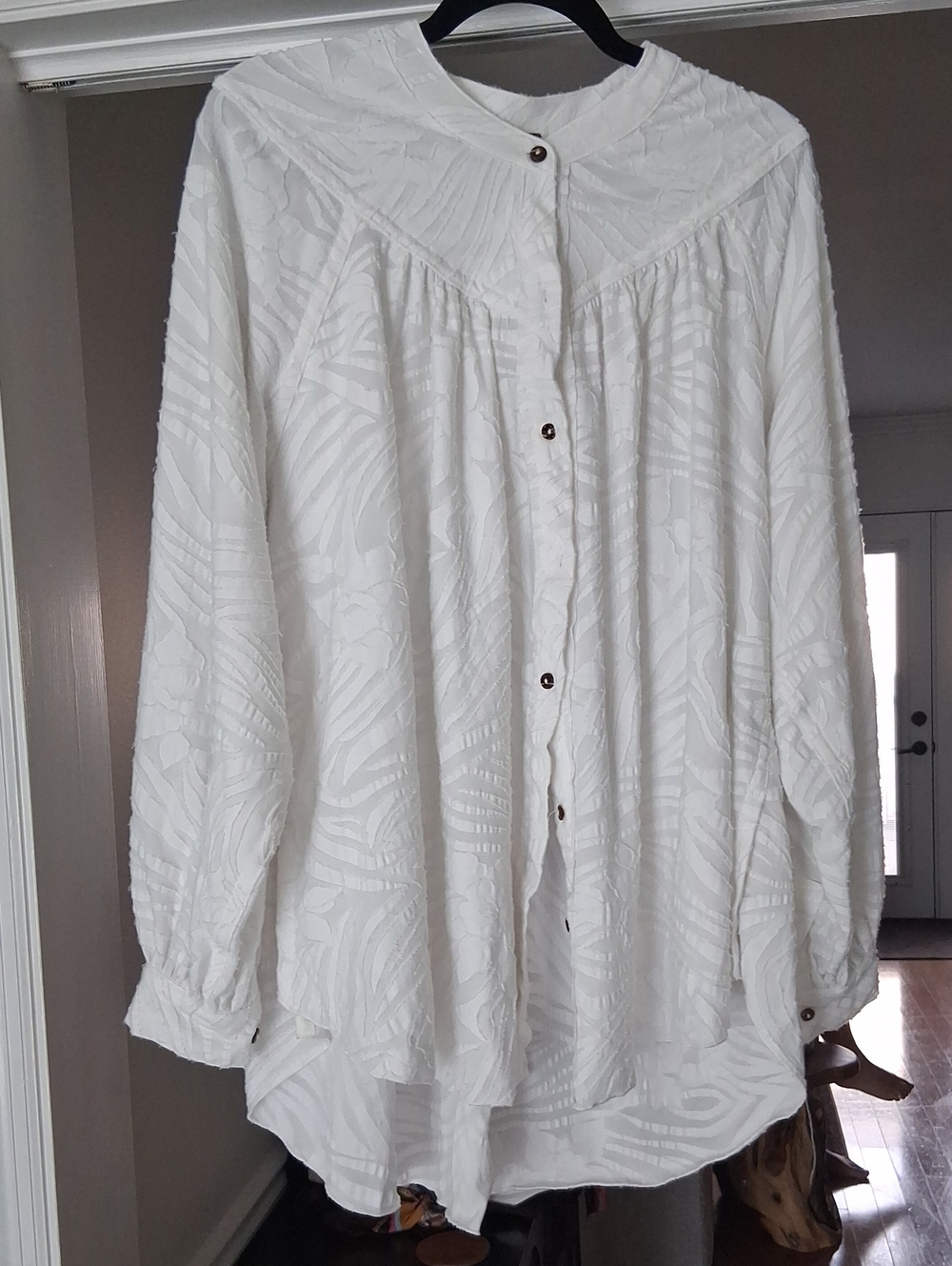 Free People White Textured Button-Down Yoke Blouse